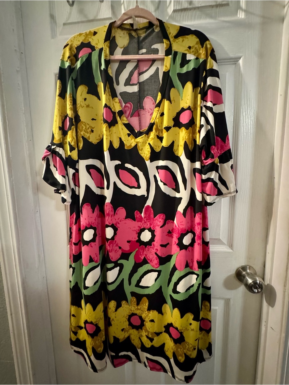 V-Neck Floral Shift Dress in Black, Pink & Yellow